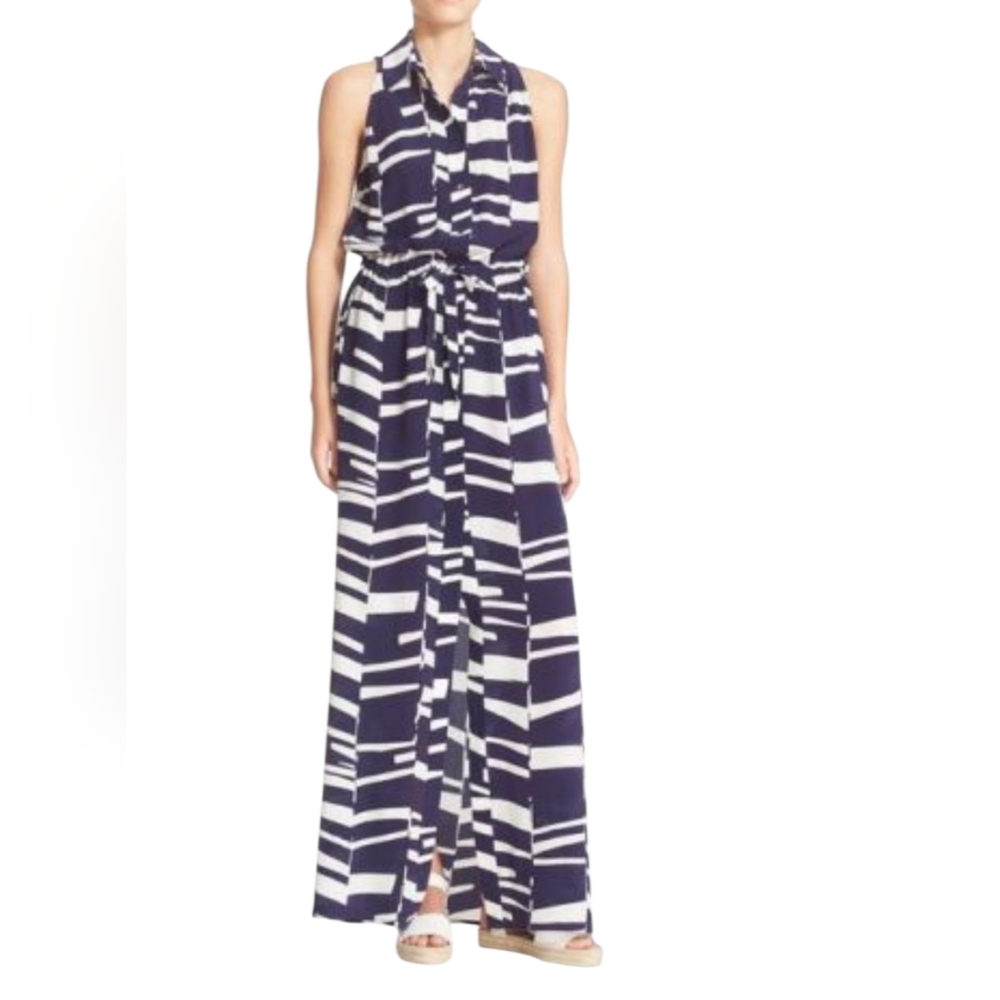Trina Turk Navy and White Sleeveless Maxi Dress 100% Silk Size 8
